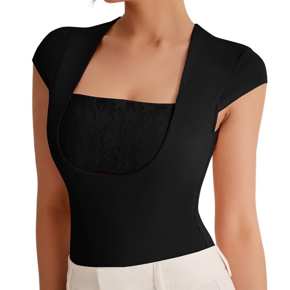 REORIA Sexy Scoop Neck Bodysuits Women Fashion Trendy Cap Sleeve Double Lined
